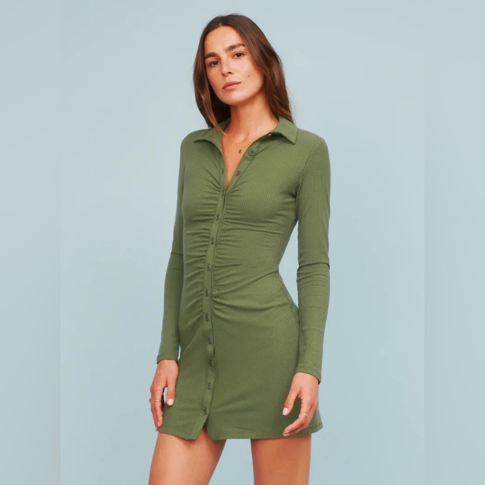 Reformation Amy gathered green knit ribbed minimalist dress size small